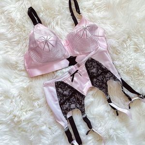 Pink and Black Vintage inspired bra & garter set.